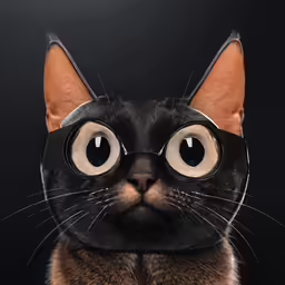 a black and tan cat with a pair of glasses on its face