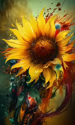 a painting of a sunflower with splash paint on the petals