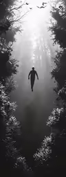 a person walking through a forest on top of snow covered ground