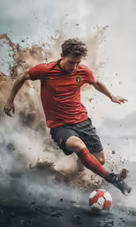 a man kicking a soccer ball during a game