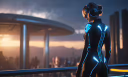 the woman in the alien outfit is looking out to the distant city,the back end of a woman standing in a futuristic environment