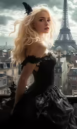 a woman in an elegant dress poses near the eiffel tower