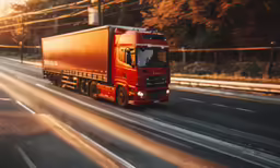 the red semi truck is traveling on the road