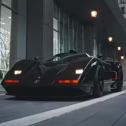 a very dark and sleek looking car parked outside of a building