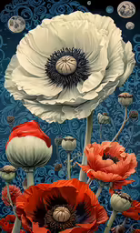 two poppys are on the ground with blue swirl