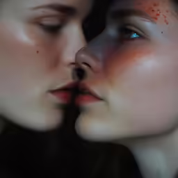 two women face to face, in front of a dark background