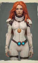 a women with red hair wearing a white outfit