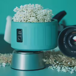 a flower vase with small flowers and a zoom lens in front of it