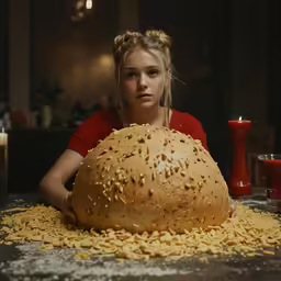 a girl looks at a bread loaf with holes on it