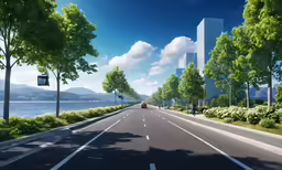 a long wide open road near tall buildings