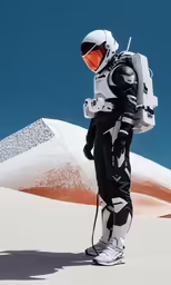 a man standing in the middle of the desert wearing a snow suit