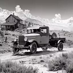 an old model ford is driving in a desert setting,a black and white photo of an old truck