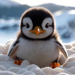 the baby penguin is sitting on the blanket