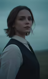 a woman stands in front of an overcast sky