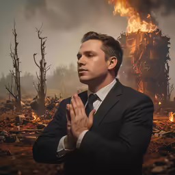 man standing with his hands folded while in front of a house on fire