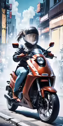 the rider of an orange motorcycle is riding down the street