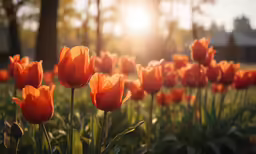 orange flowers are growing in a park in the evening