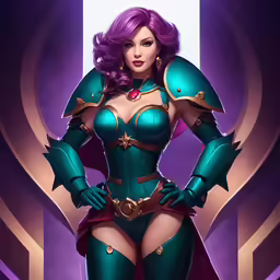 a woman dressed up as a lady in green with purple hair
