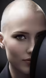 a woman with shaved hair with a black chair behind her