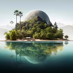 an island with trees and a bench in front of it