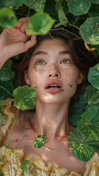 a woman in gold dress surrounded by leaves,a woman looking up in front of a bush