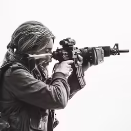a person holding a large gun up to their face