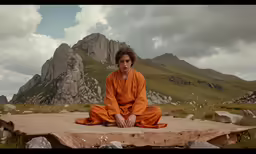 a person in an orange outfit sitting on a rock