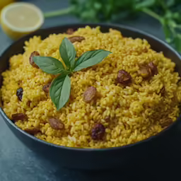 rice with a leaf on it with lemon slices