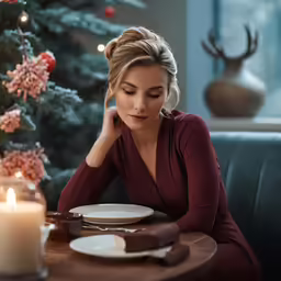 a woman sitting at a table with a lit candle