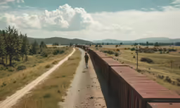 a lone horse walking along side of a road