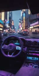 a car with purple dash lights is shown in the foreground