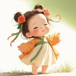 the asian baby girl is dressed in a dress