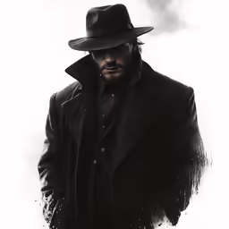 a man wearing a hat and coat, with a cigarette