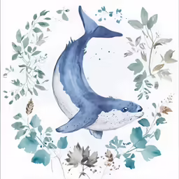 a painting of a dolphin with plants around it