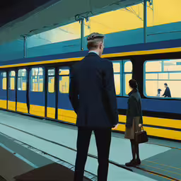 there is a man standing in front of a train,two people are waiting on a subway platform