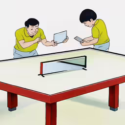 two men in yellow shirts playing a game of ping pong