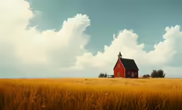 a red and black church in a field with clouds overhead