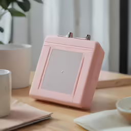 a pink plastic frame on a wooden table