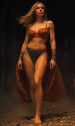 the girl in the red and brown costume is posing