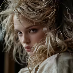 a close up photo of the face of a girl with curly hair