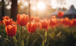 several orange tulips in the sunlight near some trees