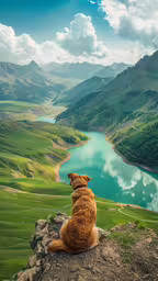 a dog looking out over the valley with water in the mountains,an orange dog looking at a blue lake and mountains