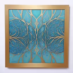 a painting on a wall next to a window,a large abstract piece of art in gold frames