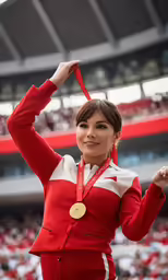 a pretty woman in a red outfit holding up a gold medal