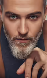 a male model with gray hair and a silver beard is posed for the camera
