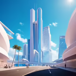 people walking near a city with tall buildings