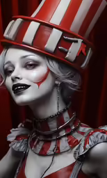 a person with red makeup and painted teeth