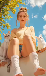 a beautiful woman with two cats sitting on top of her legs