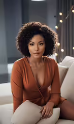 the woman is sitting on a couch in front of some christmas lights