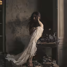 an image of a woman sitting in the middle of some junk